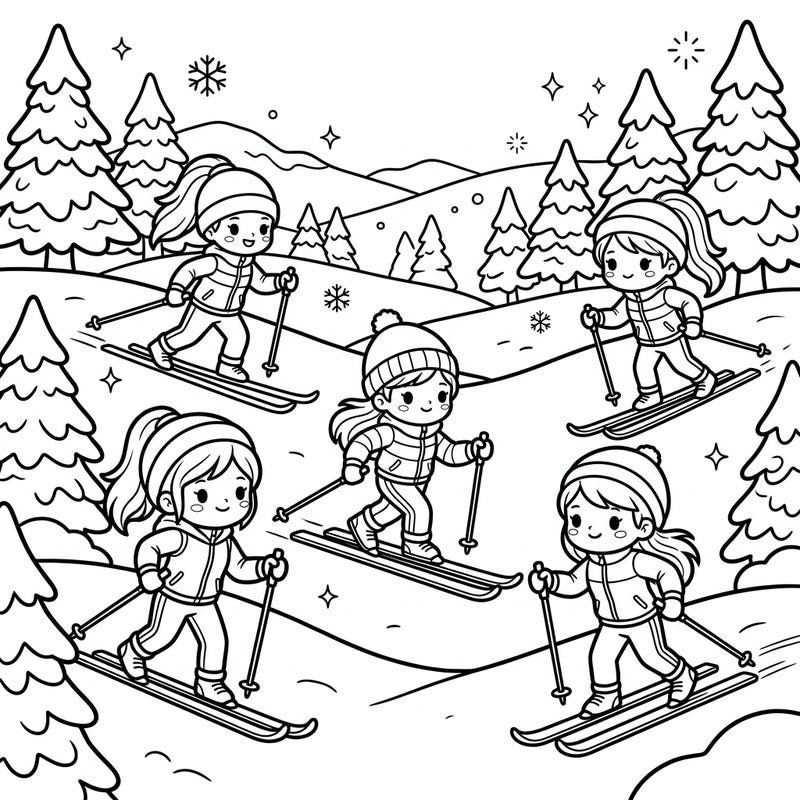 Embark on a delightful winter adventure with this charming coloring page featuring a group of happy cross-country skiers. Designed especially for kids, this scene captures the joy of gliding through a snowy landscape.
