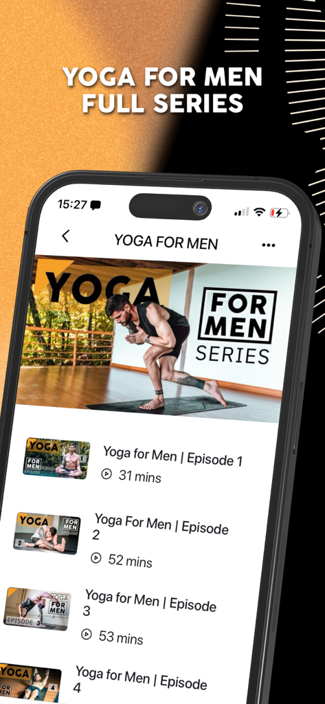 Breathe and Flow Yoga - Pantalla de teléfono inteligente mostrando la serie de video Yoga para Hombres en la aplicación Breathe and Flow.