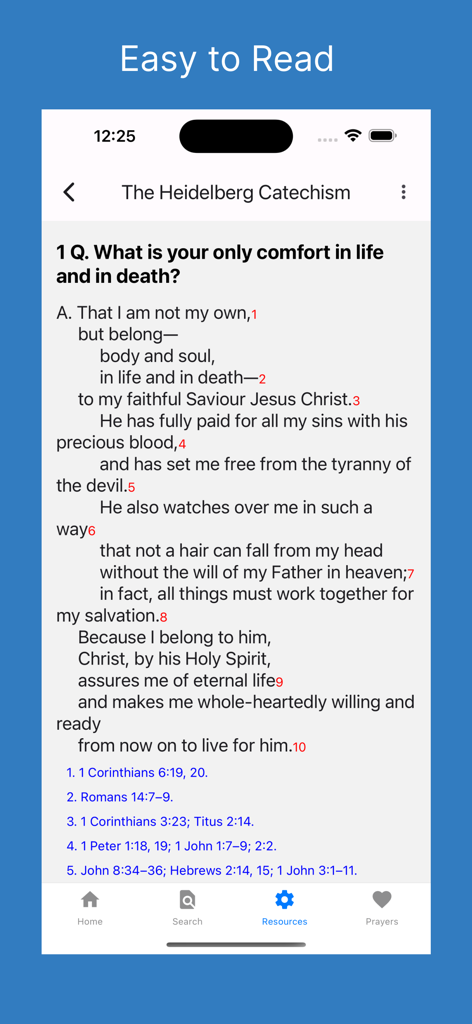 Knowing God - Heidelberg Catechism reading interface in the Knowing God app