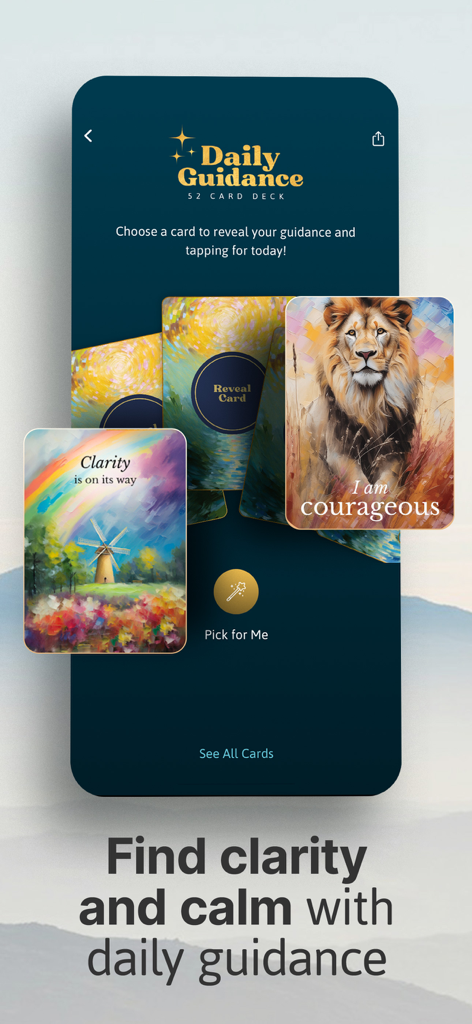 The Tapping Solution app screen showing daily guidance affirmation cards for courage and clarity
