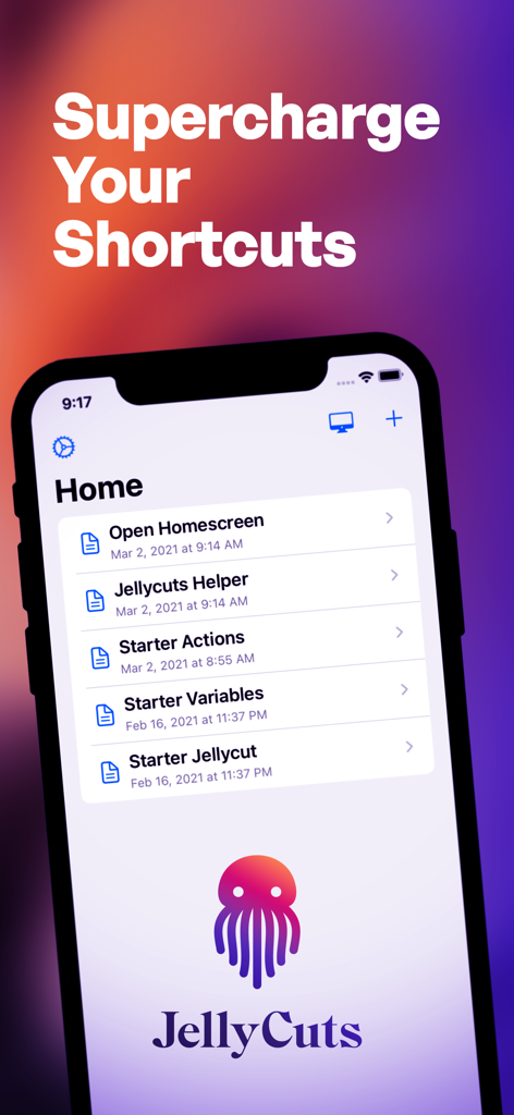 Jellycuts - Jellycuts mobile app home screen showing starter shortcut actions and the Supercharge Your Shortcuts headline on an iPhone.
