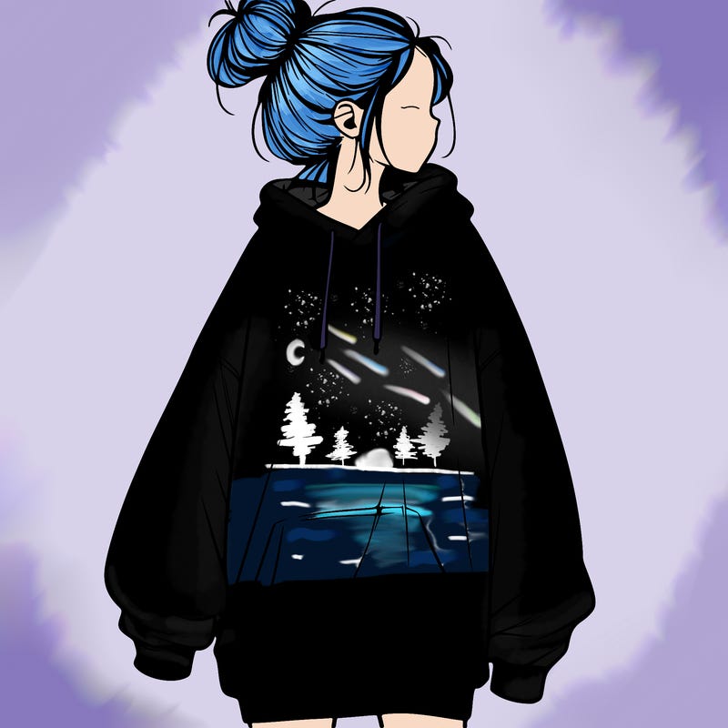 realistic girl with a oversized sweatshirt on and a bun