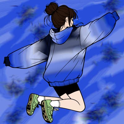 realistic girl jumping with a bun and oversized sweatshirt