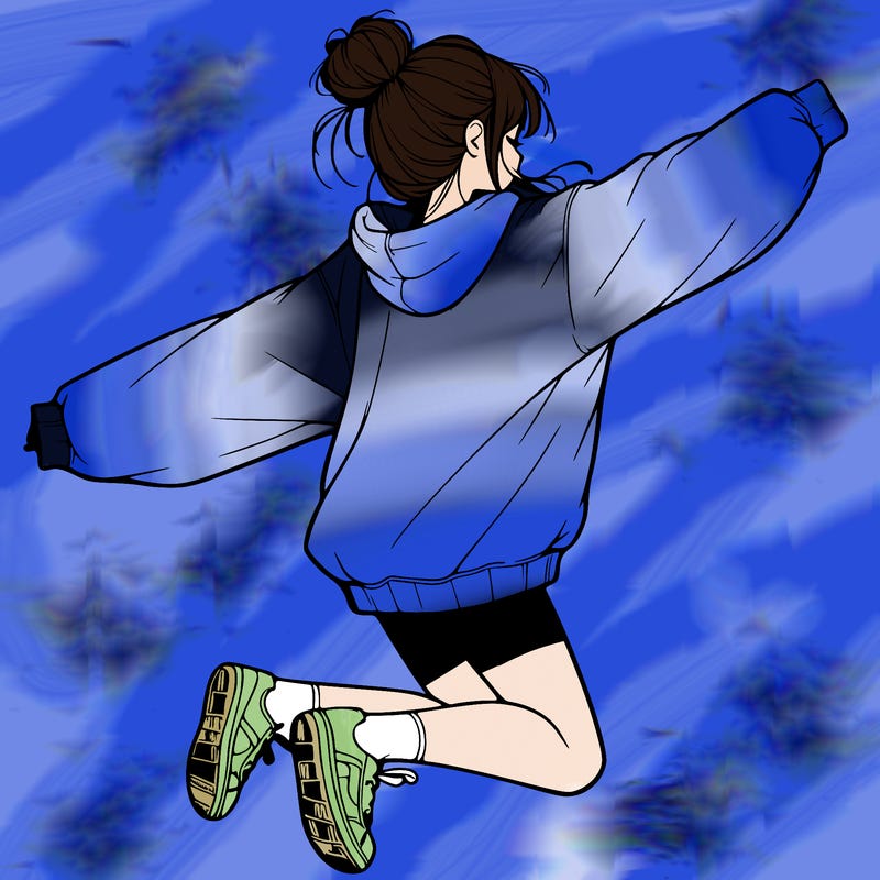 realistic girl jumping with a bun and oversized sweatshirt