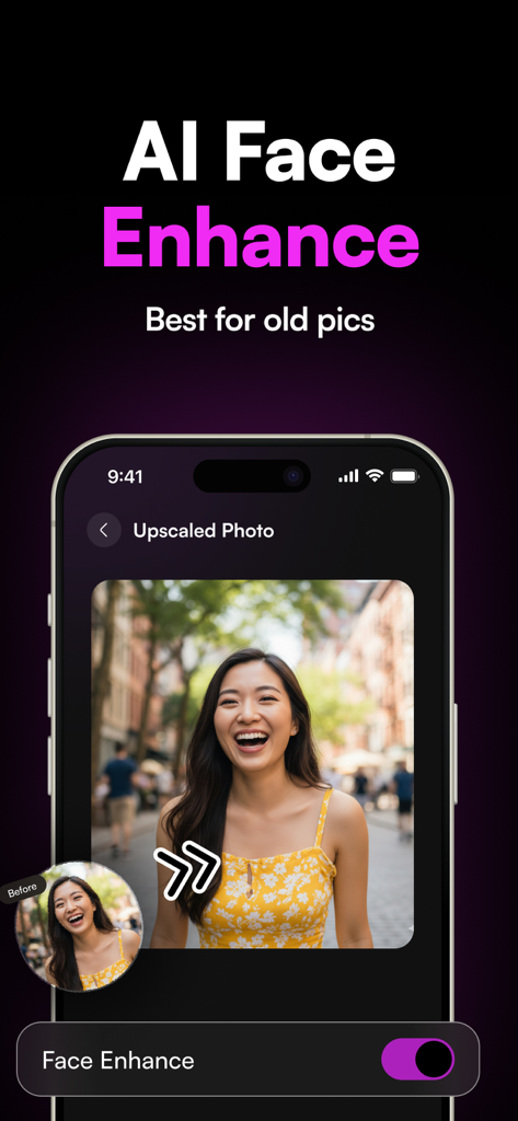 AI Upscale Image: 8X Upscaler - App-Schnittstelle, die die AI Face Enhance-Funktion zur Wiederherstellung und Schärfung eines Porträtfotos zeigt