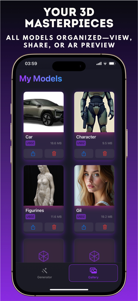 3D Maker Studio - Una pantalla de smartphone que muestra una galería de modelos 3D, incluyendo un coche y un personaje en 3D Maker Studio.