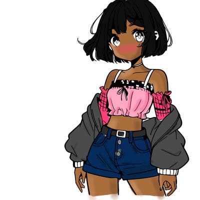 anime girl with mini shorts and a crop top and short hair