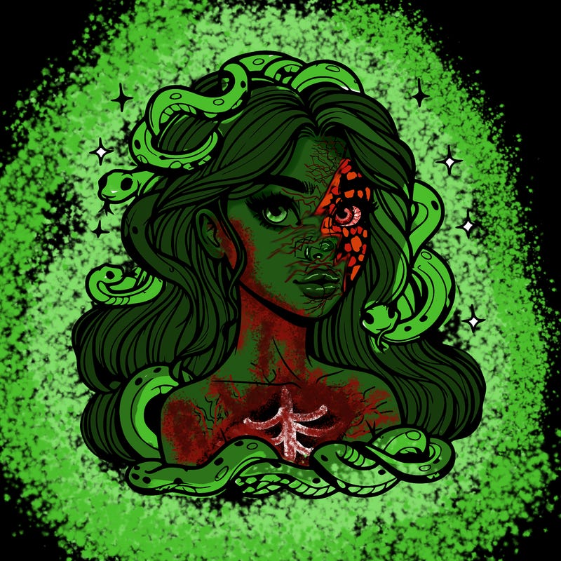 realistic girl with snakes as hair