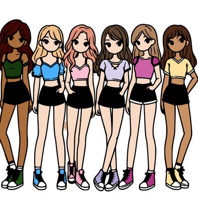 a group of girls wearing crop tops and shorts