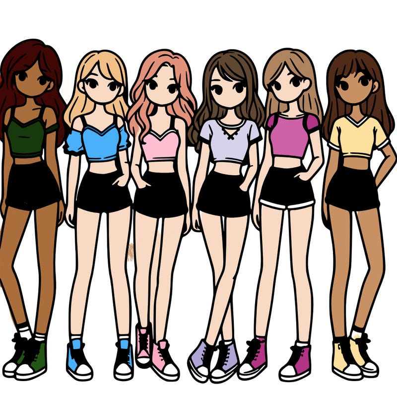 a group of girls wearing crop tops and shorts