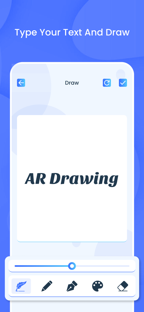 An interface of the AR Draw app showing the text to sketch feature with tools for brushes, pens, and a color palette.