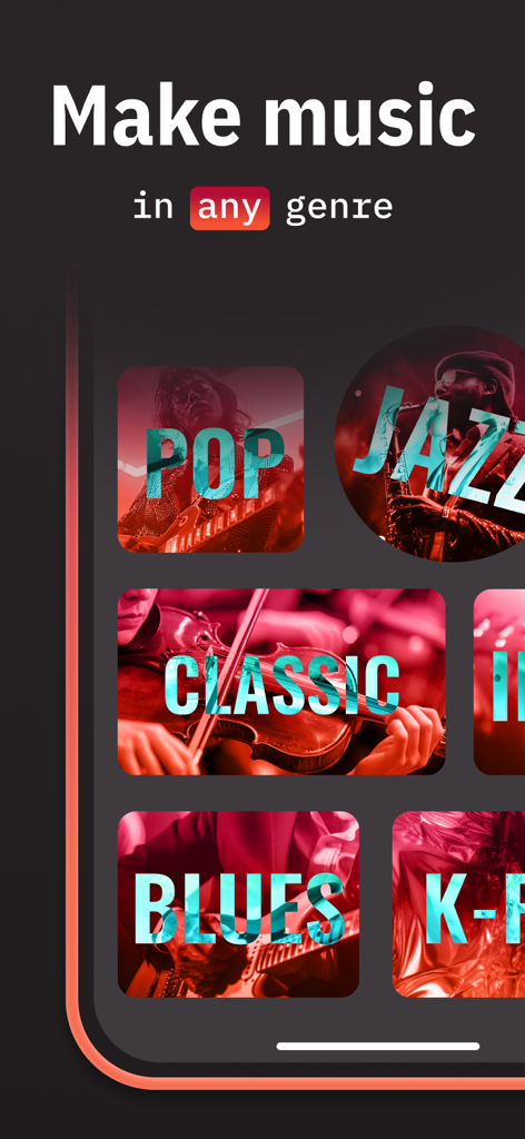 AI Music creator & Song writer - Screenshot of the AWEN app interface showing various music genres like Pop Jazz and Classic for AI song creation