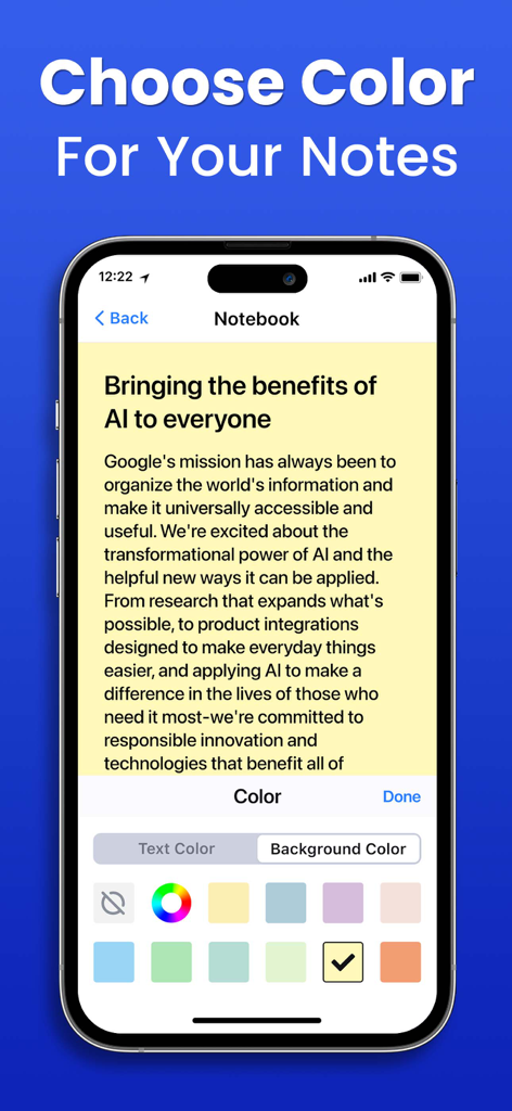 A mobile interface for customizing note background and text colors in a secure vault app.
