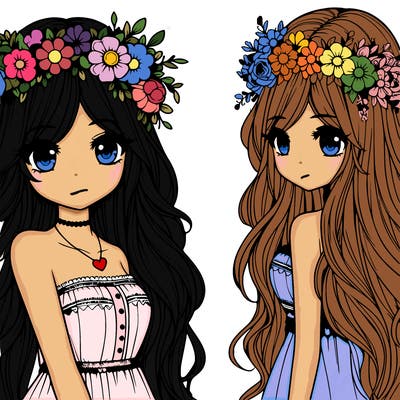 realistic girl with a flower crown and long hair in a cute outfit