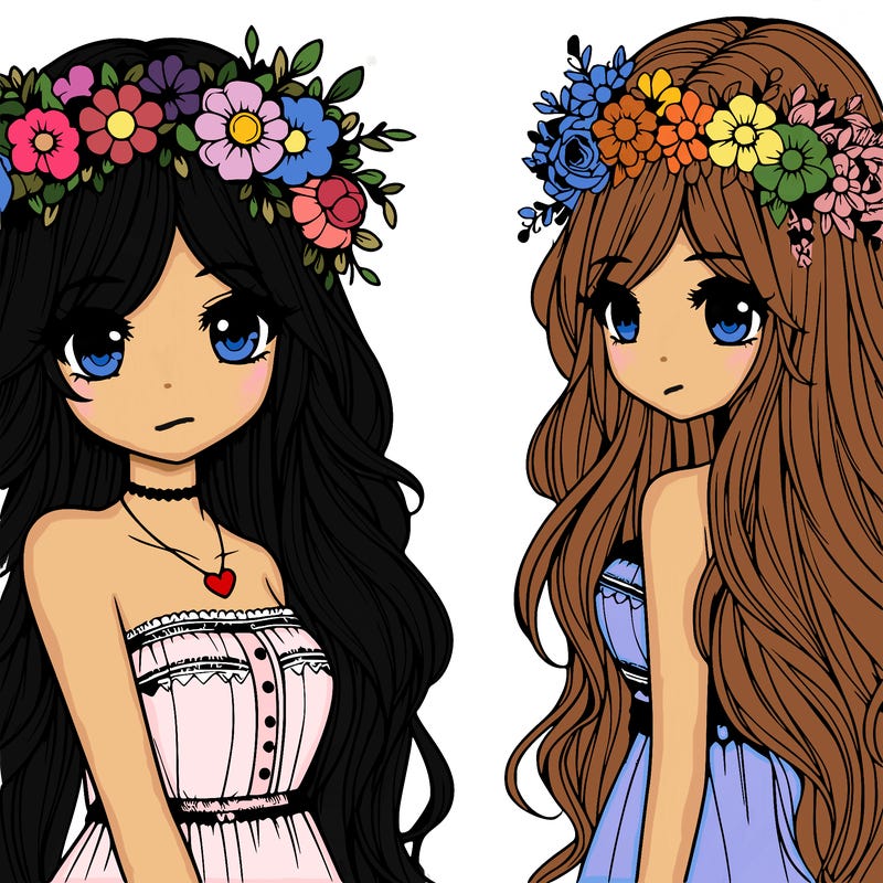 realistic girl with a flower crown and long hair in a cute outfit