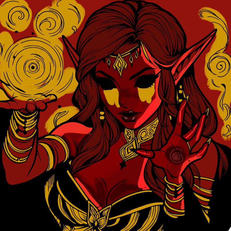 realistic scary beautiful elf sorceress casting spell