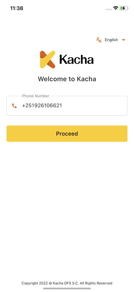 Kacha Customerアプリのウェルカム画面。電話番号入力フィールドと続行ボタンが表示されています。