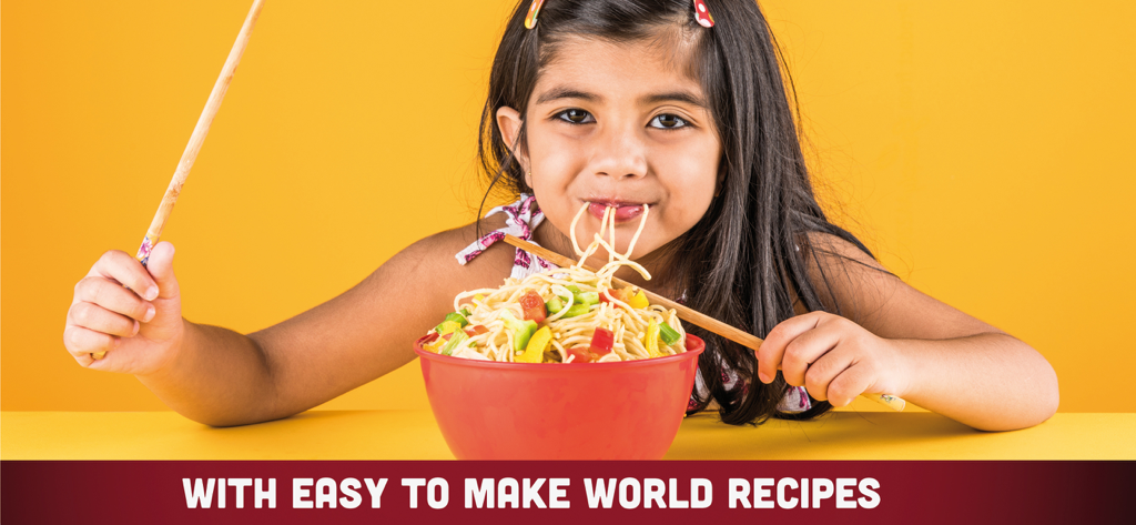 A young girl eating noodles with chopsticks to illustrate world recipes