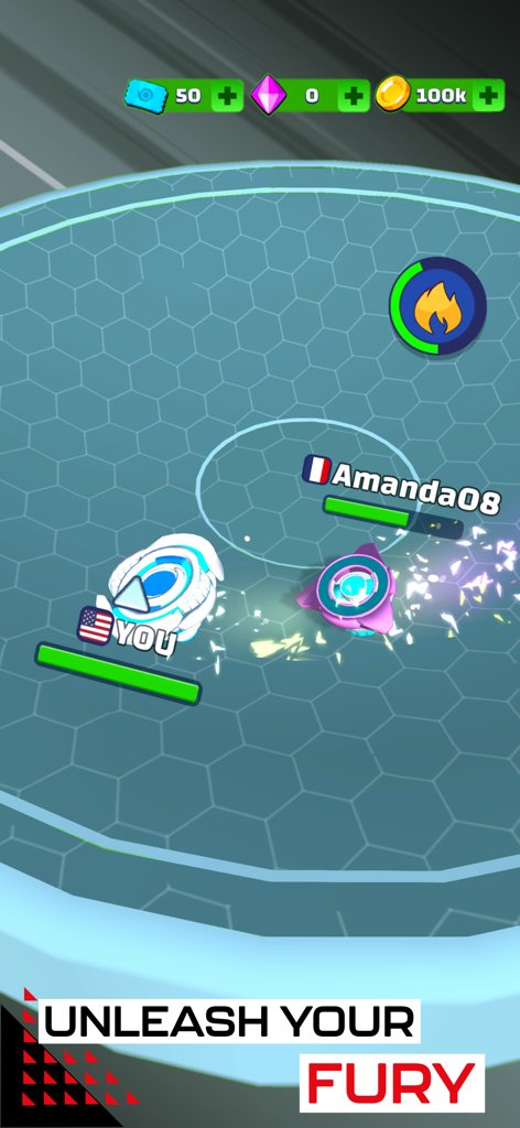 Two spinners clashing in a circular battle arena with sparks and player names