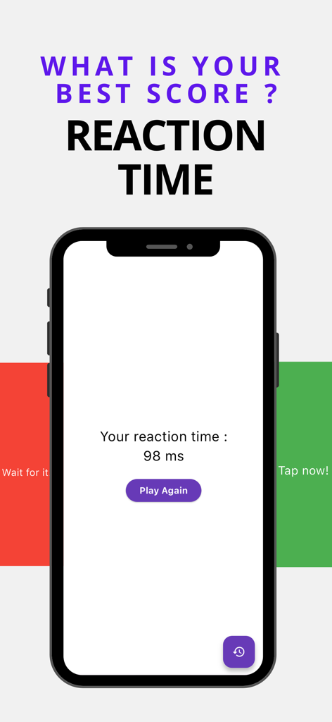 Reaction Time - Reflex Test - Tela do aplicativo Tempo de Reação Teste de Reflexos mostrando uma pontuação de 98ms