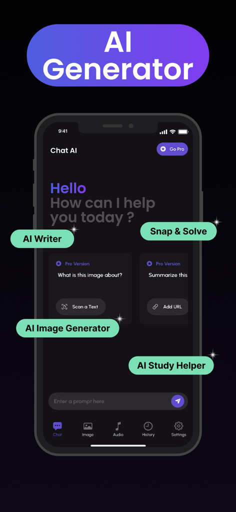 ChatAI app interface showing AI generator features like AI Writer and Snap and Solve