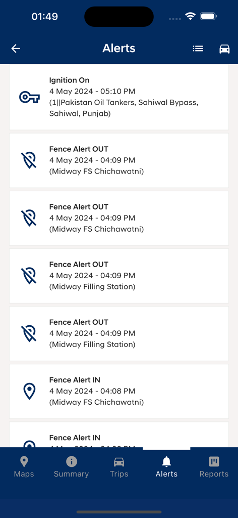 Der Benachrichtigungsbildschirm der PX Flottenmanagement-App listet Zündstatus- und Geofencing-Ereignisse mit Zeit- und Ortsangaben auf.