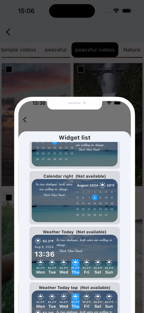 Mobile App-Oberfläche, die eine Liste buddhistischer Widgets für Kalender und Wetter mit friedvollen Hintergründen und Zitaten anzeigt.