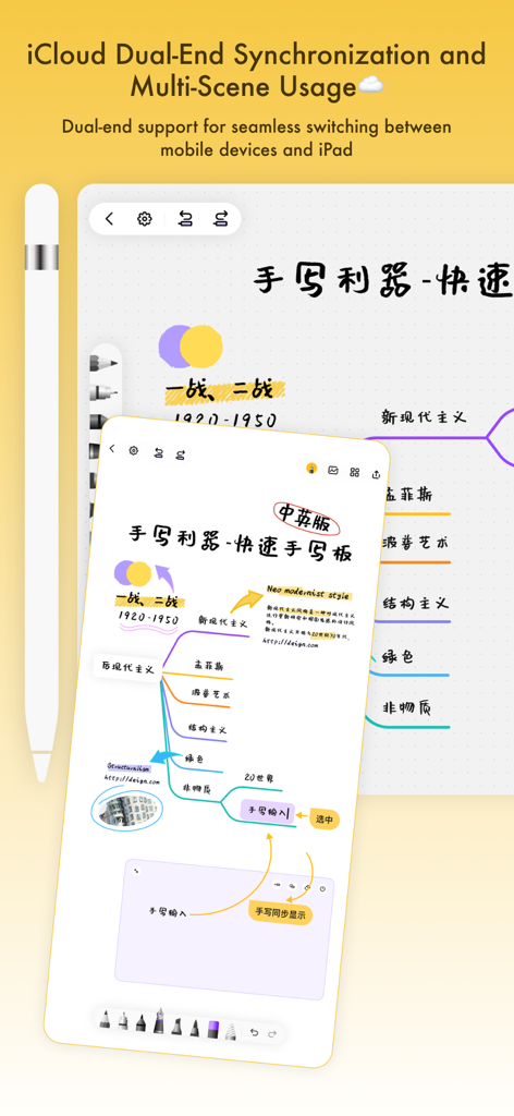 TouchMind-handwritten mind map - iPadとiPhone間の手書きマインドマップのiCloud同期を示すTMindアプリのインターフェース