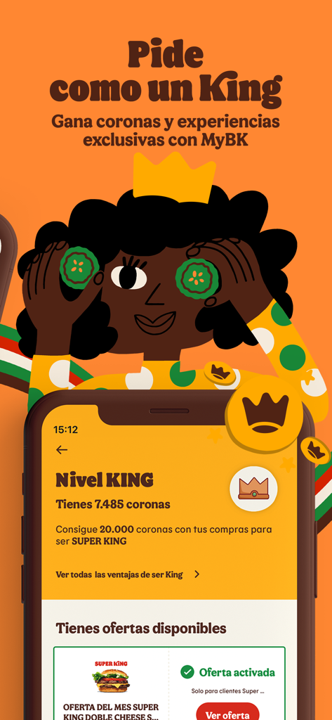 Burger King Spain app interface showing loyalty points and King level rewards