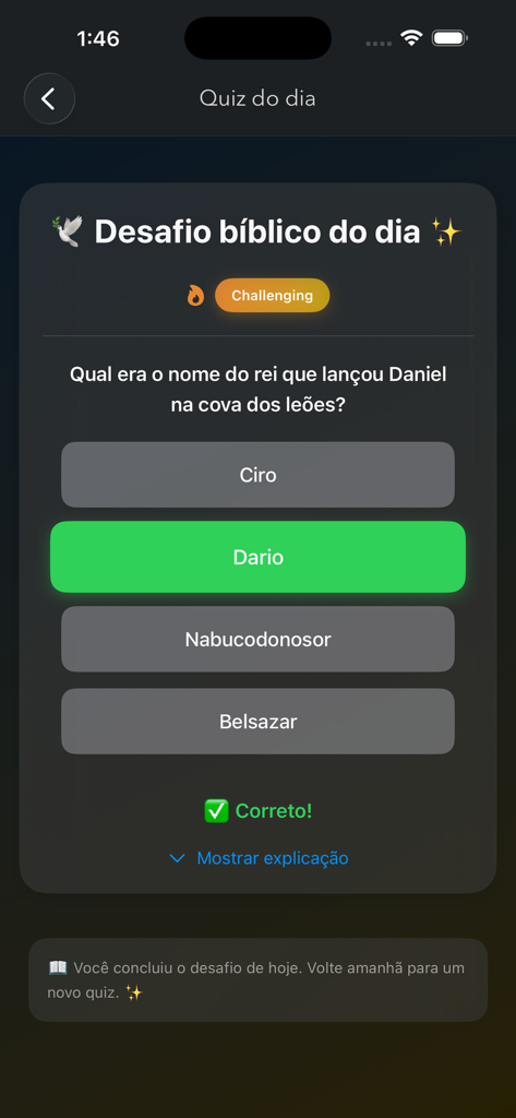Bíblia Sagrada em Português - Interface do quiz biblico diario no aplicativo Biblia Sagrada em Portugues mostrando uma pergunta sobre Daniel e a resposta correta selecionada.