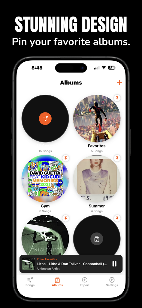 오프라인 음악 플레이어 앱 인터페이스에 고정된 앨범 그리드가 표시됩니다.