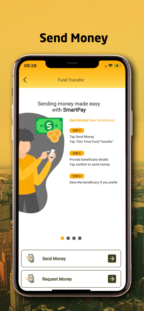 Tela de smartphone mostrando a interface de transferência de fundos do BOC SmartPay com instruções passo a passo para enviar dinheiro.