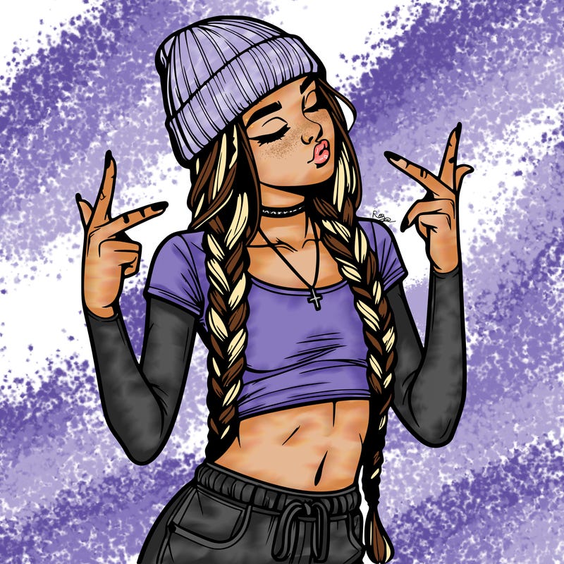 realistic teenage girl with braids and a beanie and crop top doing 🫶🏼
