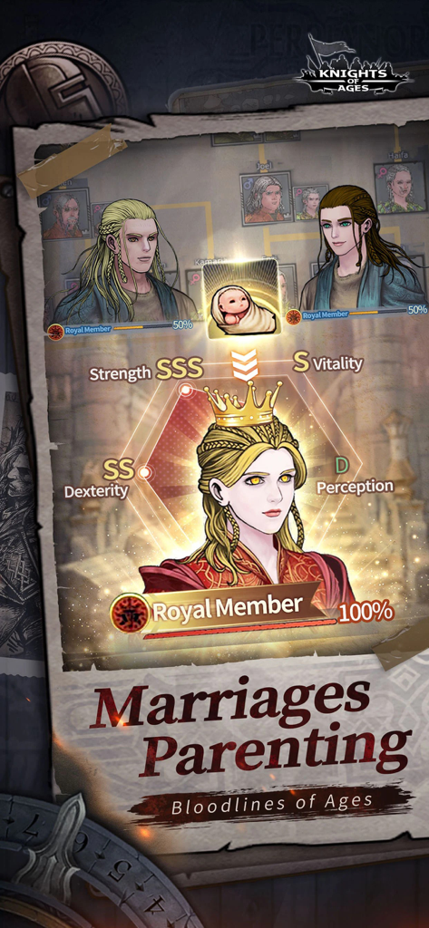Knights of Ages - Knights of Ages screenshot showing the marriage and parenting system with royal bloodline stats