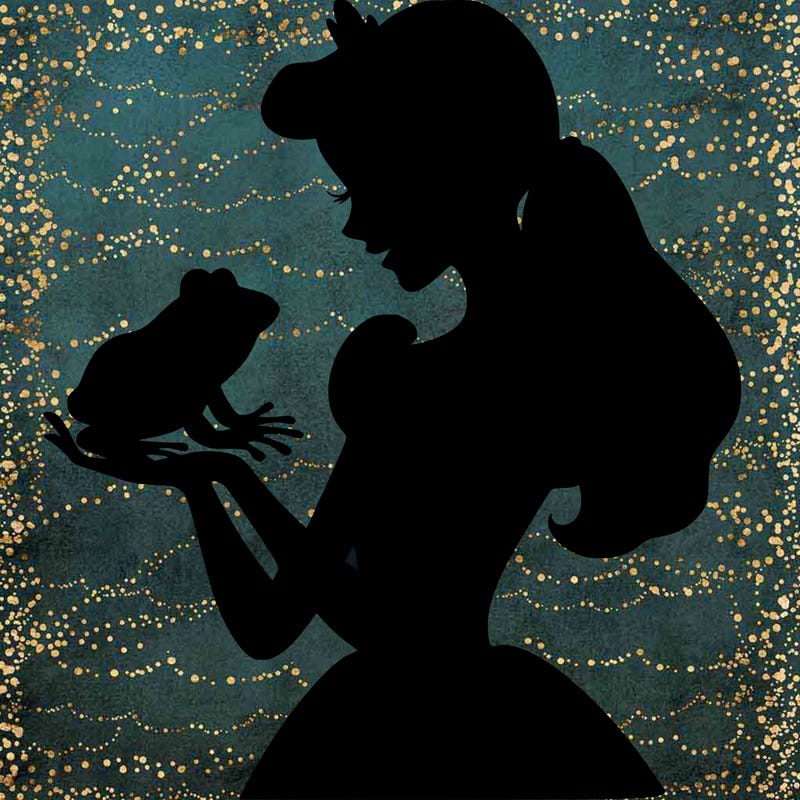 a shadow of a princess holding a frog realistic