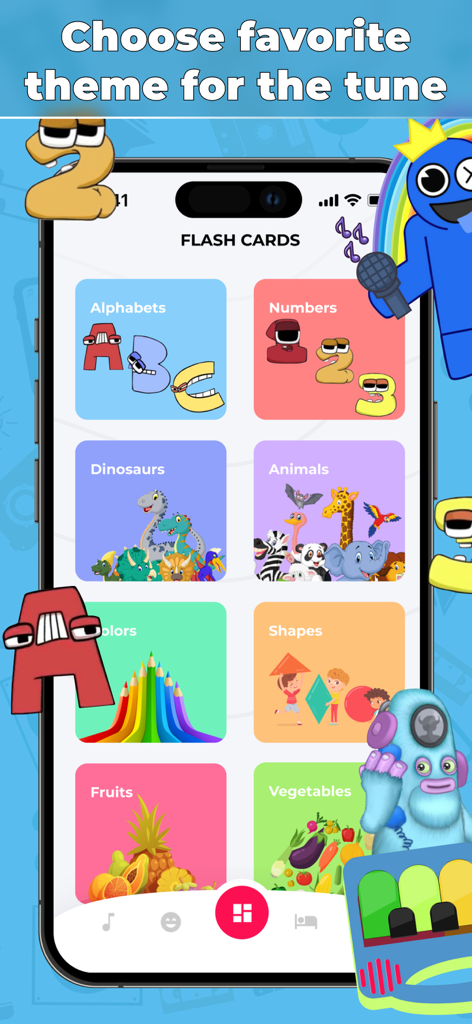Nursery Rhymes & Lullabies - Interfaz de la app Rimas y Canciones de Cuna mostrando varias categorías de tarjetas educativas como abecedarios, números y animales