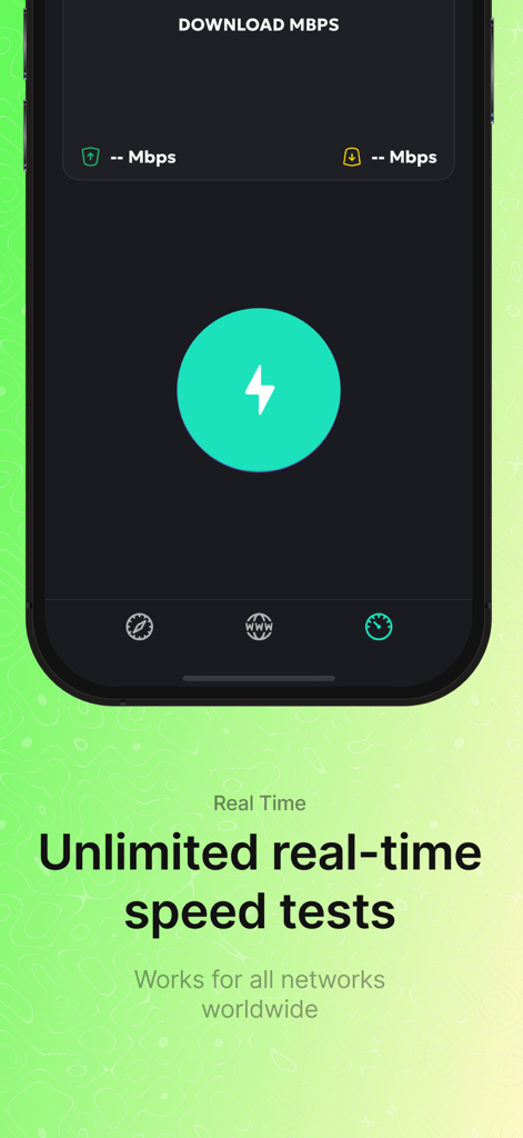 SuperBlock app interface showing real-time internet speed test tool for all networks.