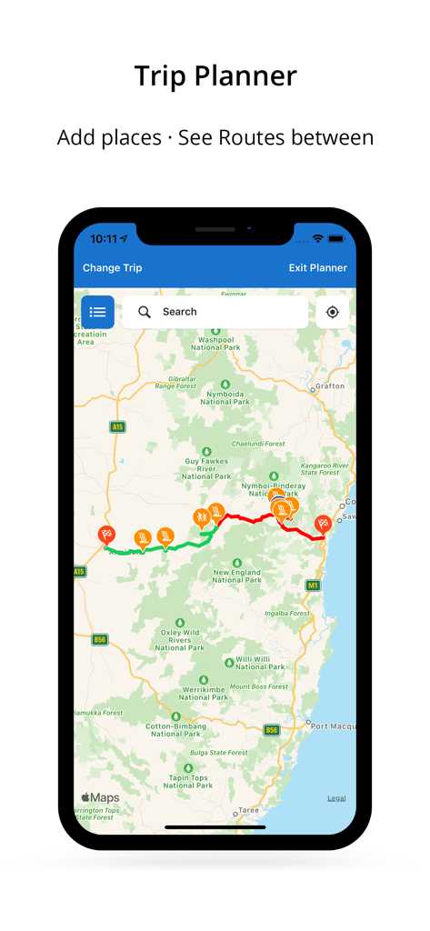 WikiCamps UK - WikiCamps UK app trip planner screen showing a mapped route with campsite markers