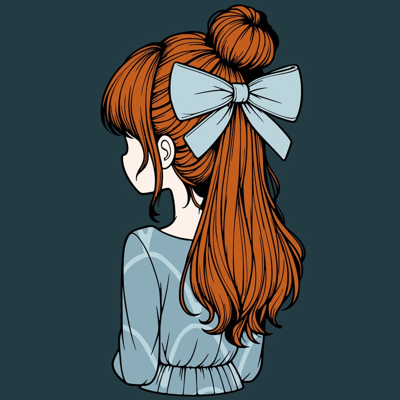 realistic girl  with hip length hair a bun and a big bow on the back of head