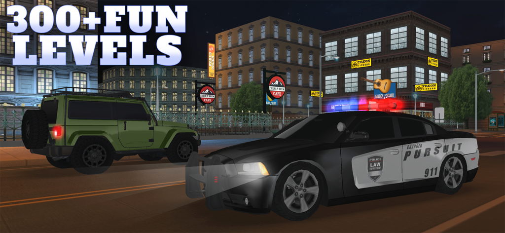 300以上の楽しいレベルというテキストオーバーレイが表示された、夜の街を走るパトカーと緑のSUV