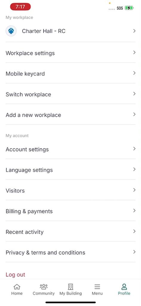 Charli 2.0 - The profile and settings screen of the Charli 2.0 workplace app showing options for workplace management and account settings.