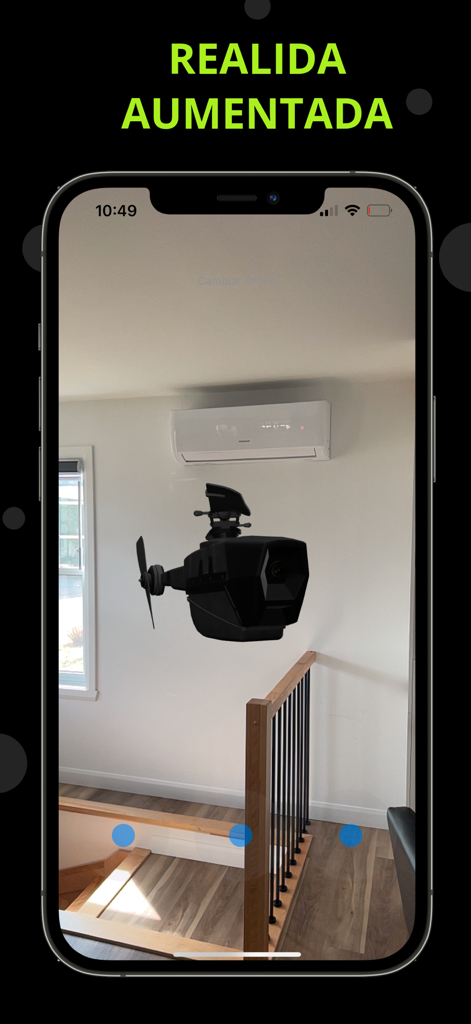A black virtual drone flying in a living room using augmented reality technology