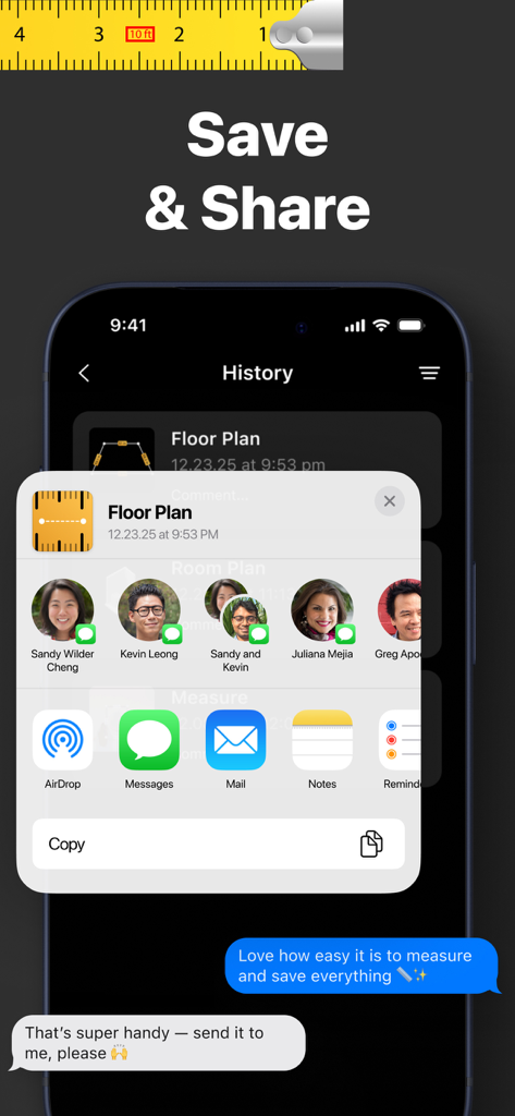 A smartphone displaying the share menu for sending saved floor plans and measurements to contacts.