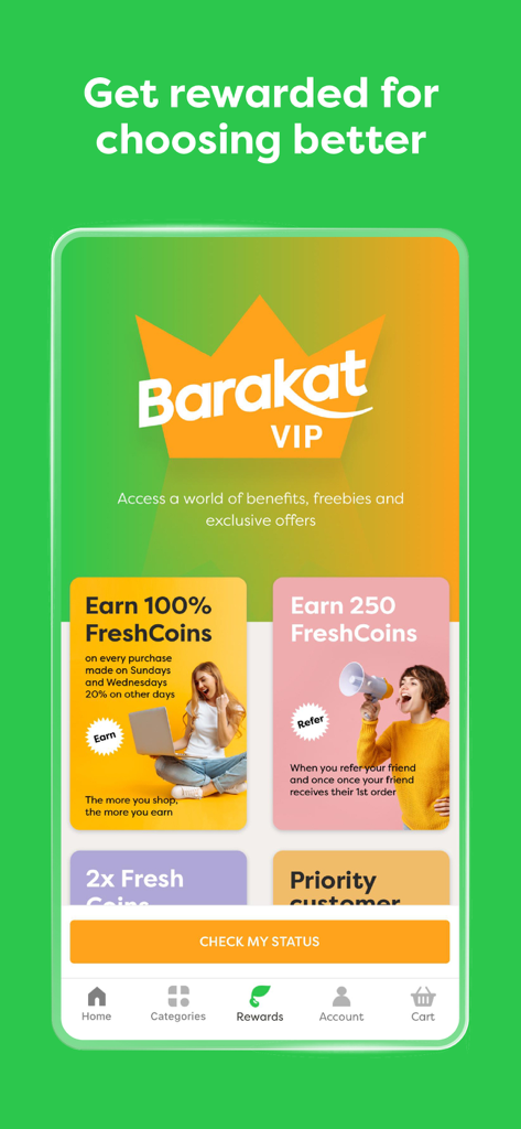 Barakat: Grocery Home Delivery - Interfaz de recompensas de la aplicación Barakat que muestra beneficios VIP y el programa de fidelización FreshCoins