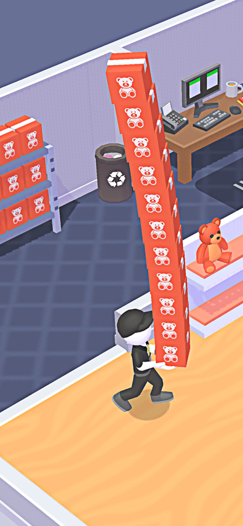 My Mini Mall: Mart Tycoon Game - A character carrying a tall stack of red toy boxes with teddy bear icons in My Mini Mall