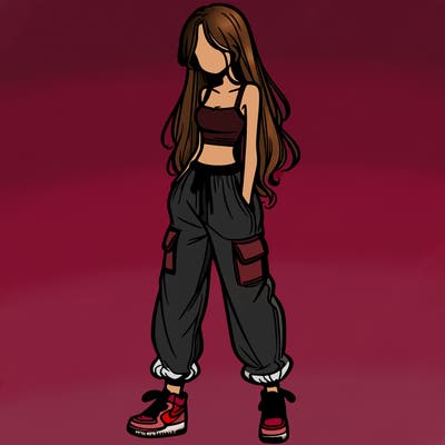 girl in baggy pants crop top and long hair