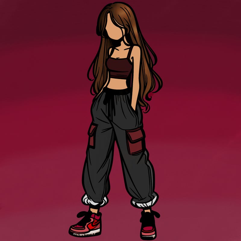 girl in baggy pants crop top and long hair