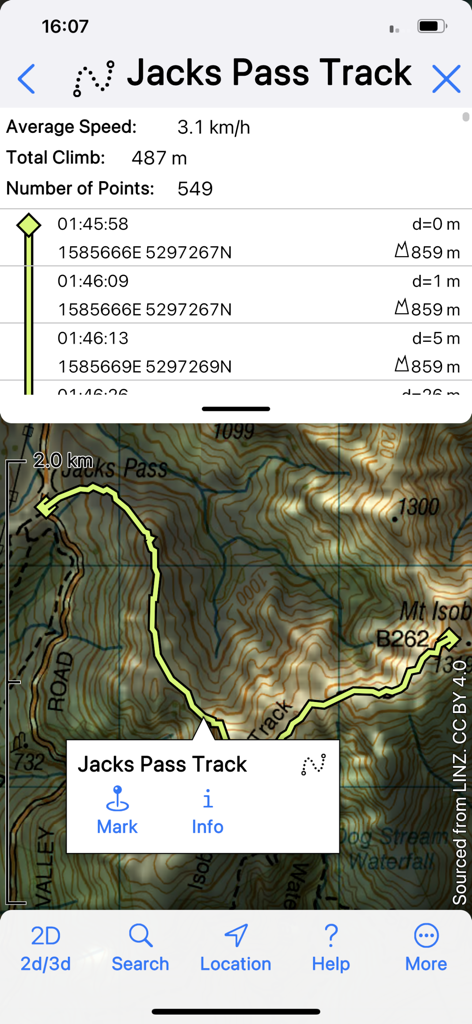 3D Map New Zealand - Interfaz de la aplicación Mapa 3D Nueva Zelanda mostrando datos de seguimiento GPS y ruta topográfica para Jacks Pass Track.