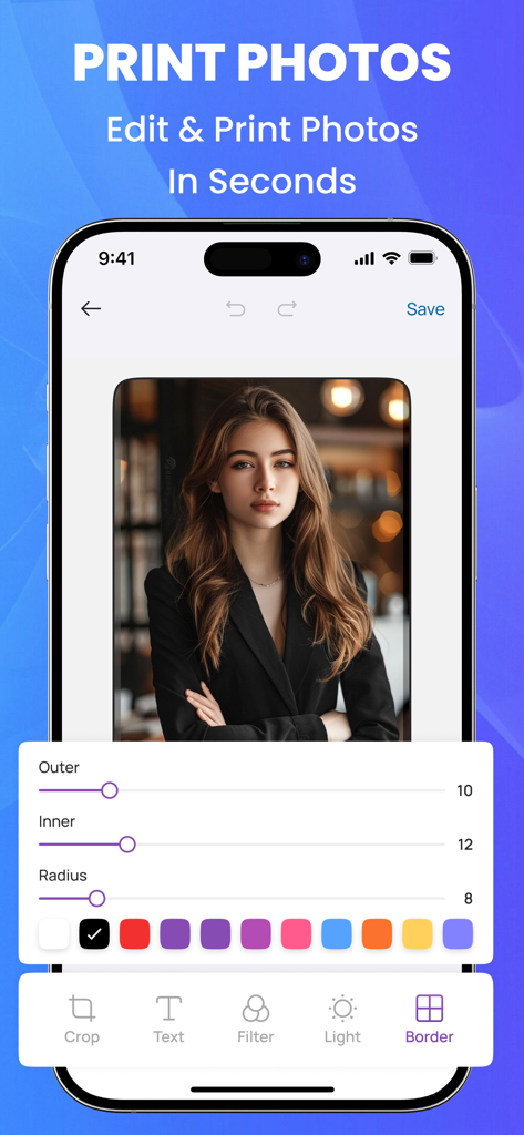 Smart Printer: iPrint App Scan - iPhone screen showing photo editing and border features in the Smart Printer app