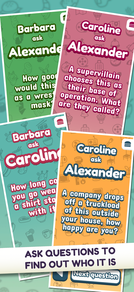 Out of the Loop - A collage of colorful game cards from Out of the Loop showing players asking each other silly questions during a round.